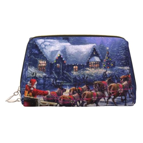 ESNAIUVCD Kosmetiktasche mit Weihnachtsmann- und Hirschaufdruck, Kosmetiktasche für Damen, PU-Leder, Kosmetiktasche mit Handschlaufe, Reise-Kulturbeutel, Make-up-Tasche, gold, Einheitsgröße von ESNAIUVCD