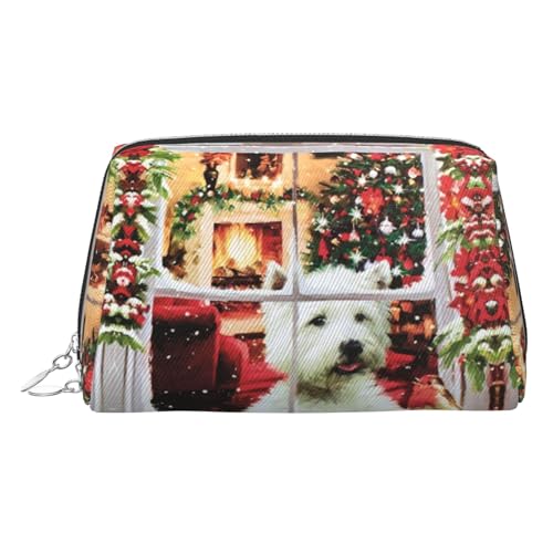 ESNAIUVCD Kosmetiktasche mit Weihnachtsmotiv und Hunde-Aufdruck, Damen-Kosmetiktasche aus PU-Leder mit Handschlaufe, Reise-Kulturbeutel, Make-up-Tasche, silber, Einheitsgröße von ESNAIUVCD