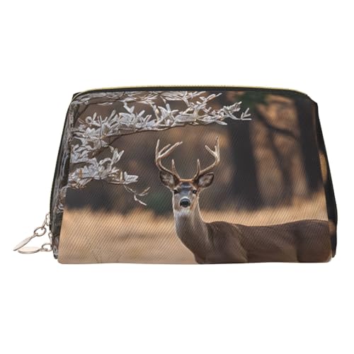 ESNAIUVCD Kosmetiktasche mit Weißschwanz-Motiv und Hirsch-Aufdruck, Damen-Kosmetiktasche aus PU-Leder mit Handschlaufe, Reise-Kulturbeutel, Make-up-Tasche, gold, Einheitsgröße von ESNAIUVCD