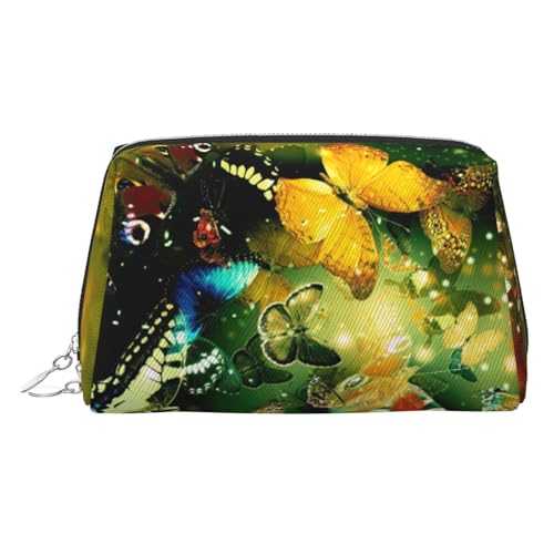 ESNAIUVCD Kosmetiktasche mit buntem Schmetterlings-Aufdruck, Damen-Kosmetiktasche aus PU-Leder mit Handschlaufe, Reise-Kulturbeutel, Make-up-Tasche, silber, Einheitsgröße von ESNAIUVCD
