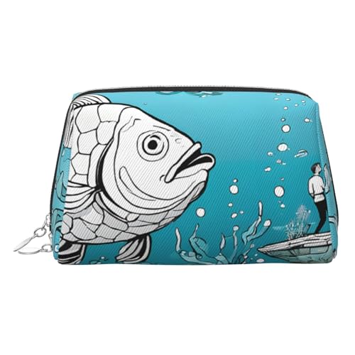 ESNAIUVCD Kosmetiktasche mit großem Fisch-Aufdruck, Damen-Kosmetiktasche aus PU-Leder mit Handschlaufe, Reise-Kulturbeutel, Make-up-Tasche, silber, Einheitsgröße von ESNAIUVCD
