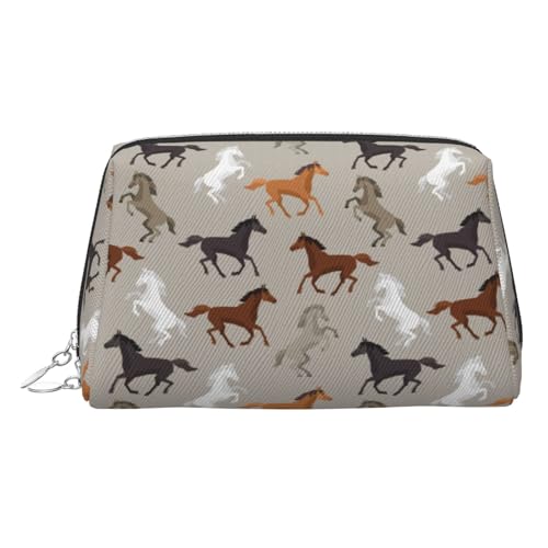 ESNAIUVCD Kosmetiktasche mit niedlichem Pferdeaufdruck, Damen-Kosmetiktasche aus PU-Leder mit Handschlaufe, Reise-Kulturbeutel, Make-up-Tasche, silber, Einheitsgröße von ESNAIUVCD