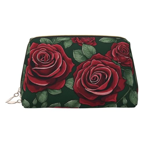 ESNAIUVCD Kosmetiktasche mit rotem Rosen-Aufdruck, Damen-Kosmetiktasche aus PU-Leder mit Handschlaufe, Reise-Kulturbeutel, Make-up-Tasche, gold, Einheitsgröße von ESNAIUVCD