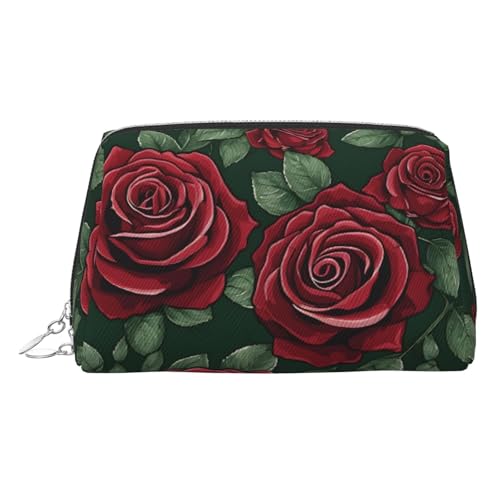 ESNAIUVCD Kosmetiktasche mit rotem Rosen-Aufdruck, Damen-Kosmetiktasche aus PU-Leder mit Handschlaufe, Reise-Kulturbeutel, Make-up-Tasche, silber, Einheitsgröße von ESNAIUVCD