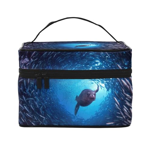 ESNAIUVCD Kulturbeutel mit Meereslöwen-Druck, große Kosmetiktasche, Reise-Make-up-Tasche, Organizer für Damen, Schwarz , Einheitsgröße, Kosmetikkoffer von ESNAIUVCD