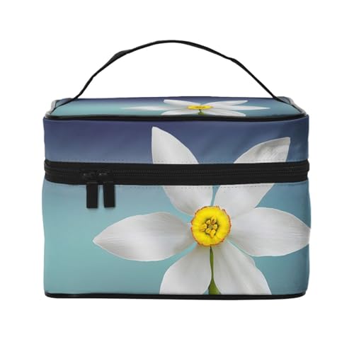 ESNAIUVCD Kulturbeutel mit Narzissen-Druck, große Kosmetiktasche, Reise-Make-up-Tasche, Organizer für Damen, Weiß, Schwarz , Einheitsgröße, Kosmetikkoffer von ESNAIUVCD
