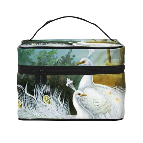 ESNAIUVCD Kulturbeutel mit Pfauenmuster, groß, Kosmetiktasche, Reise-Make-up-Tasche, Organizer für Damen, Weiß, Schwarz , Einheitsgröße, Kosmetikkoffer von ESNAIUVCD
