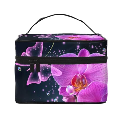 ESNAIUVCD Kulturbeutel mit Schmetterlings- und Blumendruck, groß, Kosmetiktasche, Reise-Make-up-Tasche, Organizer für Damen, Violett, Schwarz , Einheitsgröße, Kosmetikkoffer von ESNAIUVCD