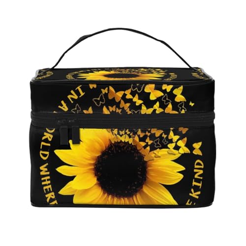 ESNAIUVCD Kulturbeutel mit Schmetterlings- und Sonnenblumen-Druck, große Kosmetiktasche, Reise-Make-up-Tasche, Organizer für Damen, Schwarz , Einheitsgröße, Kosmetikkoffer von ESNAIUVCD