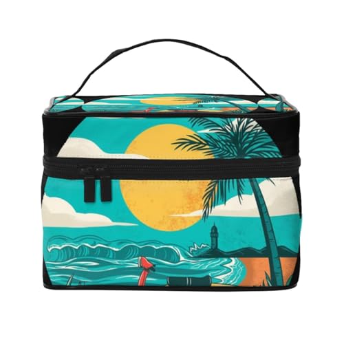 ESNAIUVCD Kulturbeutel mit Sonnenuntergang am Strand, Palmenaufdruck, große Kosmetiktasche, Reise-Make-up-Tasche, Organizer für Damen, Schwarz , Einheitsgröße, Kosmetikkoffer von ESNAIUVCD