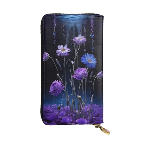 ESNAIUVCD Lila Blumendruck Echtes Leder Damen Herren Geldbörsen Multifunktions Clutch Geldbörse Reißverschluss Groß Reise Handy Lange Geld Geldbörsen, Schwarz , Einheitsgröße von ESNAIUVCD