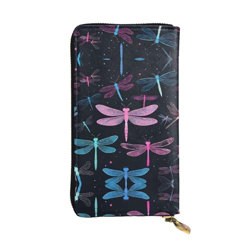 ESNAIUVCD Lila Libellen-Druck Echtes Leder Damen Herren Geldbörsen Multifunktions-Clutch Geldbörse Reißverschluss Groß Reise Handy Lange Geld Geldbörsen, Schwarz , Einheitsgröße von ESNAIUVCD
