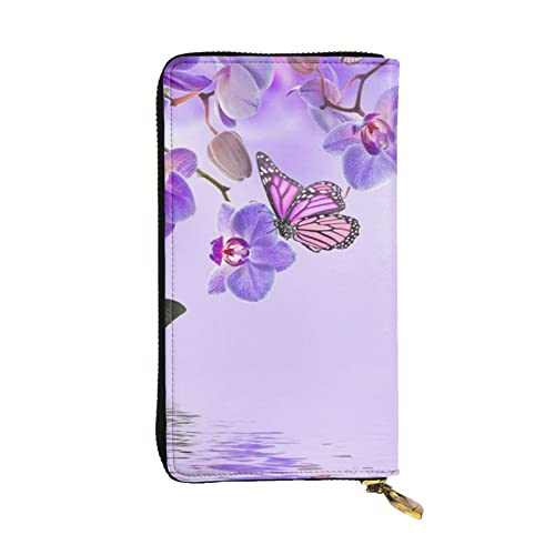 ESNAIUVCD Lila Schmetterling Druck Echtes Leder Damen Herren Geldbörsen Multifunktions Clutch Geldbörse Reißverschluss Groß Reise Handy Lange Geld Geldbörsen, Schwarz , Einheitsgröße von ESNAIUVCD