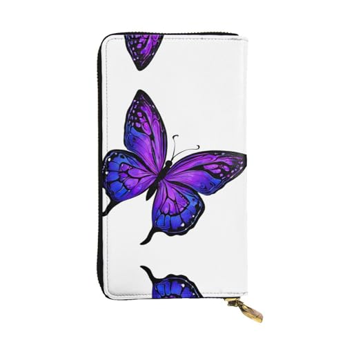 ESNAIUVCD Lila Schmetterling bedruckter Druck Echtes Leder Damen Herren Geldbörsen Multifunktions-Clutch Geldbörse Reißverschluss Groß Reise Handy Lange Geld Geldbörsen, Schwarz , Einheitsgröße von ESNAIUVCD