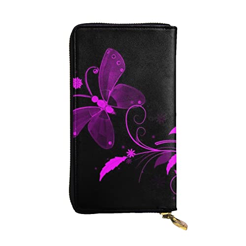 ESNAIUVCD Lila und Schmetterlings-Aufdruck, echtes Leder, für Damen, Herren, multifunktional, Clutch, Reißverschluss, große Reise-Handy, lange Geldbörsen, Schwarz , Einheitsgröße von ESNAIUVCD