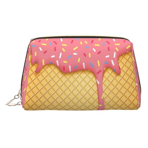 ESNAIUVCD Make-up-Tasche mit Eiscreme- und Waffelmuster, Kosmetiktasche, Damen-Kosmetiktasche aus PU-Leder mit Handschlaufe, Reise-Kulturbeutel, Make-up-Tasche, gold, Einheitsgröße von ESNAIUVCD