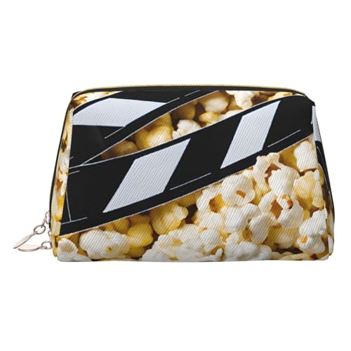 ESNAIUVCD Make-up-Tasche mit Kinofilm und Popcorn-Druck, Kosmetiktasche, Damen-Kosmetiktasche aus PU-Leder mit Handschlaufe, Reise-Kulturbeutel, Make-up-Tasche, gold, Einheitsgröße von ESNAIUVCD