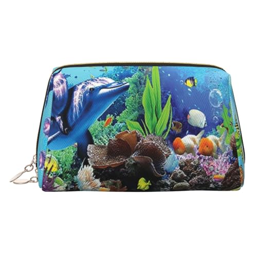 ESNAIUVCD Make-up-Tasche mit Meeresleben-Druck, Kosmetiktasche, Damen-Kosmetiktasche aus PU-Leder mit Handschlaufe, Reise-Kulturbeutel, Make-up-Tasche, gold, Einheitsgröße von ESNAIUVCD