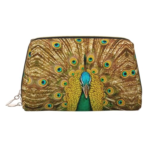 ESNAIUVCD Make-up-Tasche mit Pfauen-Aufdruck, Kosmetiktasche, Damen-Kosmetiktasche aus PU-Leder mit Handschlaufe, Reise-Kulturbeutel, Make-up-Tasche, gold, Einheitsgröße von ESNAIUVCD