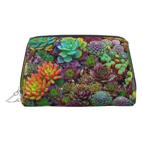 ESNAIUVCD Make-up-Tasche mit Sukkulenten-Druck, Kosmetiktasche, Damen-Kosmetiktasche aus PU-Leder mit Handschlaufe, Reise-Kulturbeutel, Make-up-Tasche, silber, Einheitsgröße von ESNAIUVCD