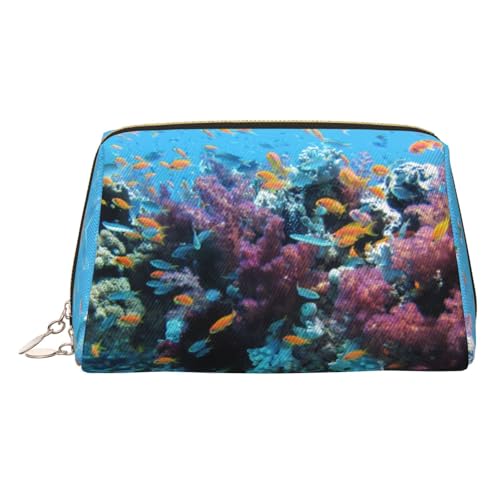 ESNAIUVCD Make-up-Tasche mit Unterwasserwelt-Druck, Kosmetiktasche, Damen-Kosmetiktasche aus PU-Leder mit Handschlaufe, Reise-Kulturbeutel, Make-up-Tasche, gold, Einheitsgröße von ESNAIUVCD