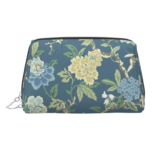 ESNAIUVCD Make-up-Tasche mit blauem und gelbem Blumendruck, Kosmetiktasche, Damen-Kosmetiktasche aus PU-Leder mit Handschlaufe, Reise-Kulturbeutel, Make-up-Tasche, silber, Einheitsgröße von ESNAIUVCD
