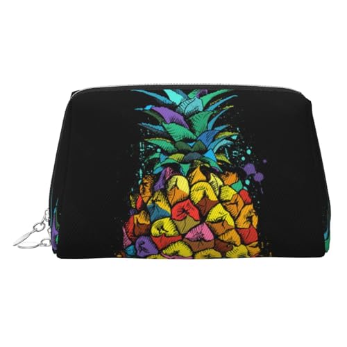 ESNAIUVCD Make-up-Tasche mit buntem Ananas-Druck, Kosmetiktasche, Damen-Kosmetiktasche aus PU-Leder mit Handschlaufe, Reise-Kulturbeutel, Make-up-Tasche, silber, Einheitsgröße von ESNAIUVCD