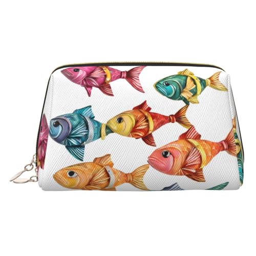 ESNAIUVCD Make-up-Tasche mit buntem Fischdruck, Kosmetiktasche, Damen-Kosmetiktasche aus PU-Leder mit Handschlaufe, Reise-Kulturbeutel, Make-up-Tasche, gold, Einheitsgröße von ESNAIUVCD