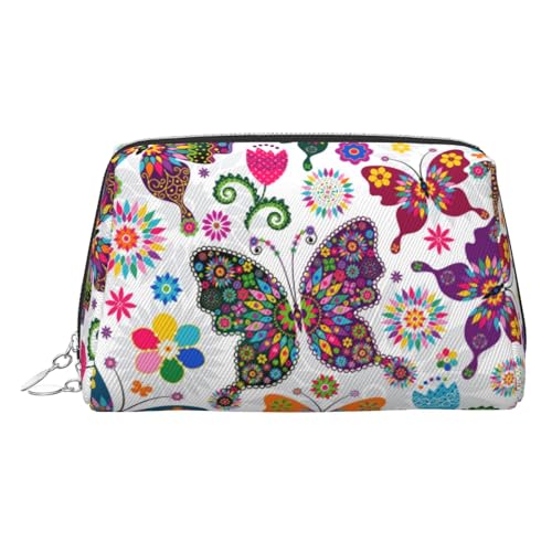 ESNAIUVCD Make-up-Tasche mit buntem Schmetterlings- und Blumendruck, Kosmetiktasche, Damen-Kosmetiktasche aus PU-Leder mit Handschlaufe, Reise-Kulturbeutel, Make-up-Tasche, silber, Einheitsgröße von ESNAIUVCD