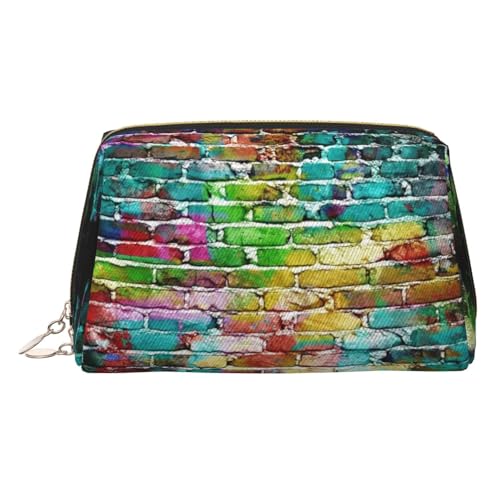 ESNAIUVCD Make-up-Tasche mit buntem Ziegeldruck, Kosmetiktasche, Damen-Kosmetiktasche aus PU-Leder mit Handschlaufe, Reise-Kulturbeutel, Make-up-Tasche, gold, Einheitsgröße von ESNAIUVCD