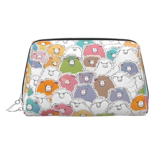 ESNAIUVCD Make-up-Tasche mit niedlichem buntem Schaf, Cartoon-Druck, Kosmetiktasche, Damen-Kosmetiktasche aus PU-Leder mit Handschlaufe, Reise-Kulturbeutel, Make-up-Tasche, silber, Einheitsgröße von ESNAIUVCD