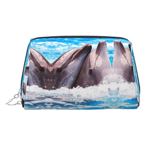 ESNAIUVCD Make-up-Tasche mit zwei Delfinen im Wasserdruck, Kosmetiktasche, Damen-Kosmetiktasche aus PU-Leder mit Handschlaufe, Reise-Kulturbeutel, Make-up-Tasche, silber, Einheitsgröße von ESNAIUVCD