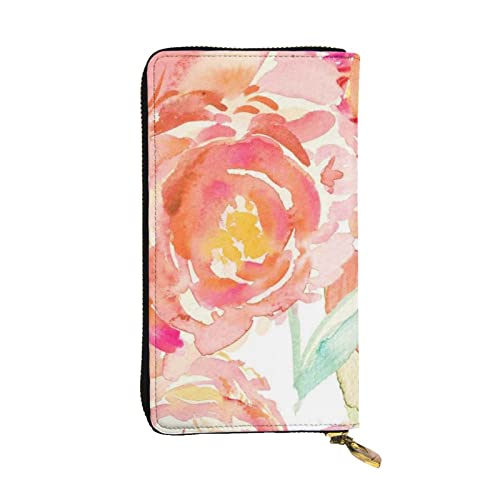 ESNAIUVCD Pfirsich-Pfingstrosen-Druck, echtes Leder, für Damen, Herren, multifunktional, Clutch, Reißverschluss, große Reise-Handy, lange Geldbörsen, Schwarz , Einheitsgröße von ESNAIUVCD