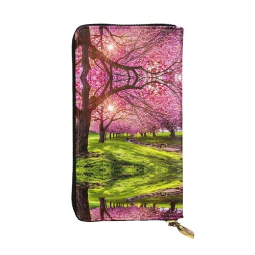 ESNAIUVCD Pink Orchard Print Echtes Leder Damen Herren Geldbörsen Multifunktions Clutch Geldbörse Reißverschluss Groß Reise Handy Lange Geld Geldbörsen, Schwarz , Einheitsgröße von ESNAIUVCD