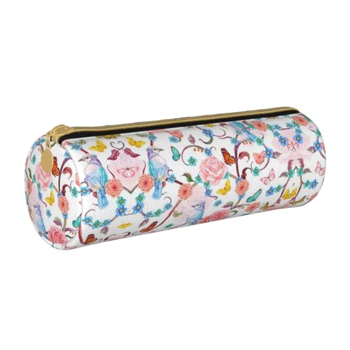 ESNAIUVCD Romantisches, ausgefallenes Federmäppchen aus Leder mit Blumenvögeln und Schmetterlingen, zylindrischer Reißverschluss, hochwertiges PU-Leder, multifunktionale Schreibwaren-Aufbewahrung, von ESNAIUVCD