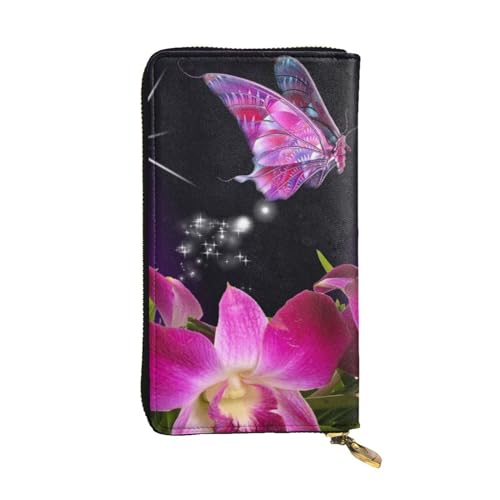ESNAIUVCD Rosa Blumen- und Schmetterlings-Aufdruck, echtes Leder, für Damen, Herren, multifunktional, Clutch, Reißverschluss, große Reise-Handy, lange Geldbörsen, Schwarz , Einheitsgröße von ESNAIUVCD