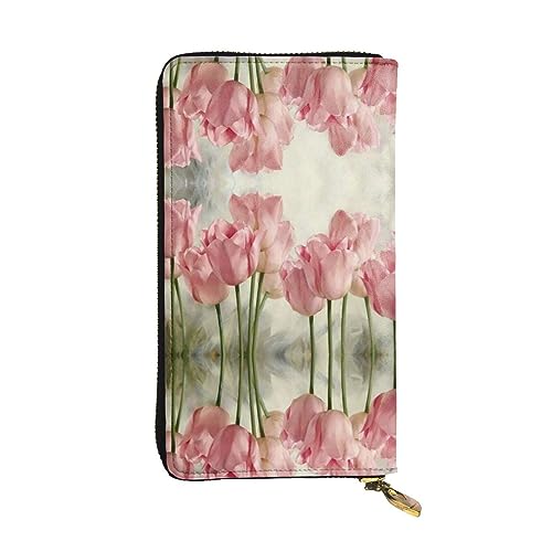 ESNAIUVCD Rosa Tulpen Print Echtes Leder Damen Herren Geldbörsen Multifunktions Clutch Geldbörse Reißverschluss Groß Reise Handy Lange Geld Geldbörsen, Schwarz , Einheitsgröße von ESNAIUVCD