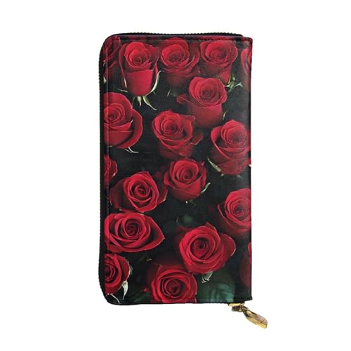 ESNAIUVCD Rot-schwarze Geldbörse mit Rosen-Aufdruck, echtes Leder, für Damen, Herren, Multifunktions-Clutch, Reißverschluss, große Reise-Handy, lange Geldbörsen, Schwarz , Einheitsgröße von ESNAIUVCD