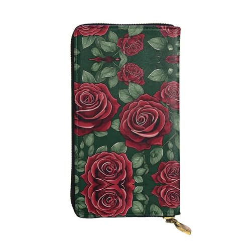 ESNAIUVCD Rote Rose Print Echtleder Damen Herren Geldbörsen Multifunktions Clutch Geldbörse Reißverschluss Groß Reise Handy Lange Geld Geldbörsen, Schwarz , Einheitsgröße von ESNAIUVCD