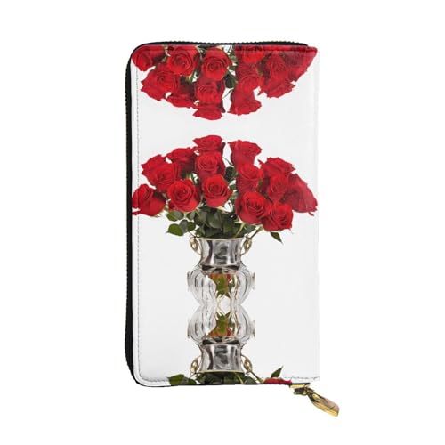 ESNAIUVCD Rote Rosen bedruckter Druck Echtes Leder Damen Herren Geldbörsen Multifunktions-Clutch Geldbörse Reißverschluss Groß Reise Handy Lange Geld Geldbörsen, Schwarz , Einheitsgröße von ESNAIUVCD