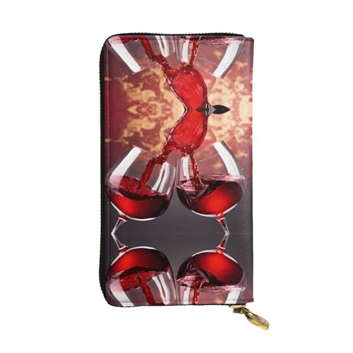 ESNAIUVCD Rotweinglas-Aufdruck, echtes Leder, Damen, Herren, Geldbörse, Multifunktions-Clutch, Reißverschluss, große Reise-Handy, lange Geldbörse, Schwarz , Einheitsgröße von ESNAIUVCD