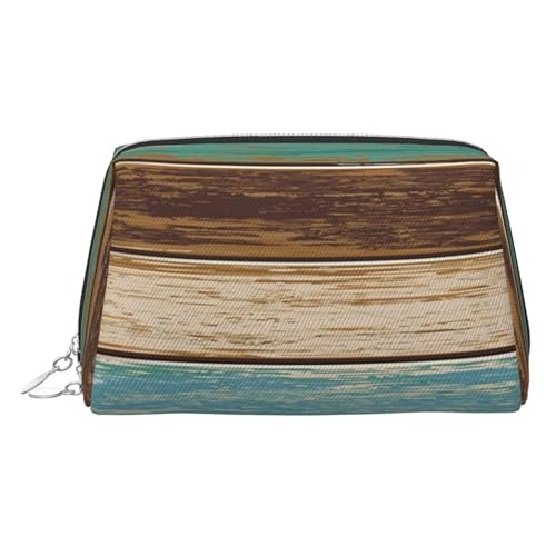 ESNAIUVCD Rustikale Make-up-Tasche mit Holzplanken-Druck, Kosmetiktasche für Damen, PU-Leder, Kosmetiktasche mit Handschlaufe, Reise-Kulturbeutel, Make-up-Tasche, silber, Einheitsgröße von ESNAIUVCD