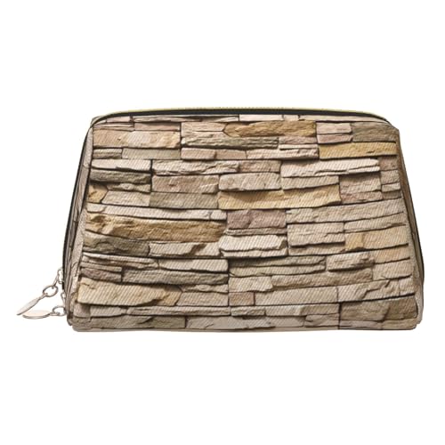 ESNAIUVCD Rustikale Make-up-Tasche mit Steinmauer-Druck, Kosmetiktasche, Damen-Kosmetiktasche aus PU-Leder mit Handschlaufe, Reise-Kulturbeutel, Make-up-Tasche, gold, Einheitsgröße von ESNAIUVCD