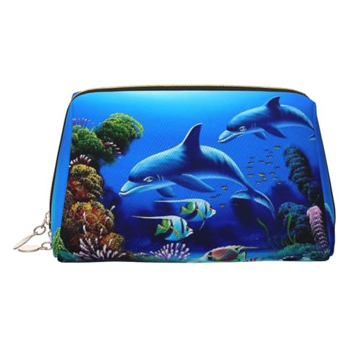 ESNAIUVCD Schöne Make-up-Tasche mit Delfinen, Korallendruck, Kosmetiktasche, Damen-Kosmetiktasche aus PU-Leder mit Handschlaufe, Reise-Kulturbeutel, Make-up-Tasche, gold, Einheitsgröße von ESNAIUVCD