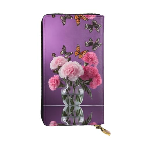 ESNAIUVCD Schöne lila Schmetterling Blumendruck Echtes Leder Damen Herren Geldbörsen Multifunktions-Clutch Geldbörse Reißverschluss Groß Reise Handy Lange Geld Geldbörsen, Schwarz , Einheitsgröße von ESNAIUVCD