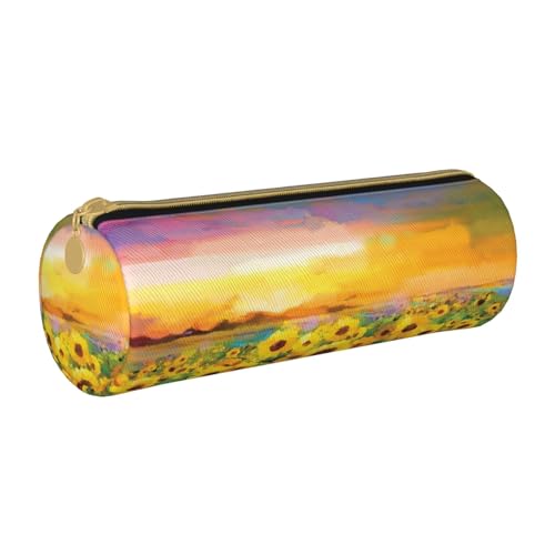 ESNAIUVCD Schönes Federmäppchen aus Leder mit Sonnenblumenfeld, Sonnenuntergang, zylindrischer Reißverschluss, hochwertiges PU-Leder, multifunktionale Schreibwarenaufbewahrung, geeignet für Studenten, von ESNAIUVCD
