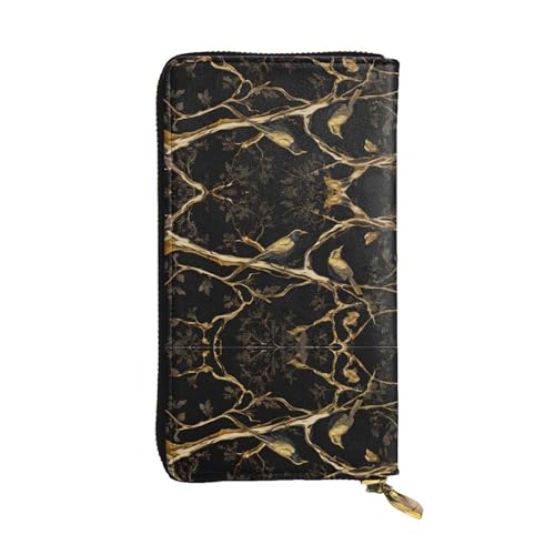 ESNAIUVCD Schwarz und Gold Marmor Vogeldruck Echtes Leder Damen Herren Geldbörsen Multifunktions Clutch Geldbörse Reißverschluss Groß Reise Handy Lange Geld Geldbörsen, Schwarz , Einheitsgröße von ESNAIUVCD