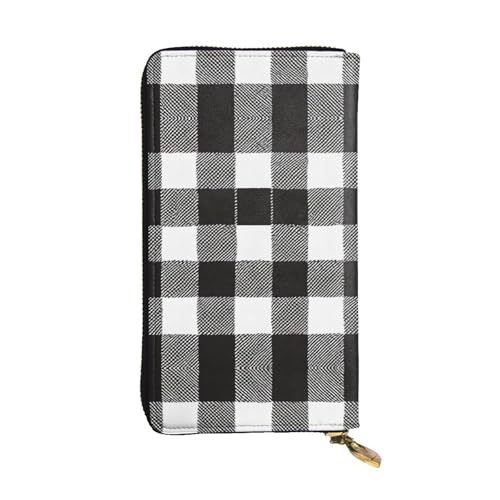ESNAIUVCD Schwarz-weißes Karomuster aus echtem Leder, für Damen und Herren, multifunktional, Clutch, Reißverschluss, große Reise-Handy, lange Geldbörse, Schwarz , Einheitsgröße von ESNAIUVCD