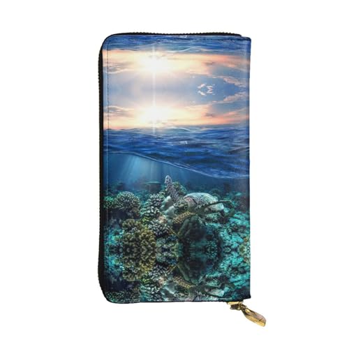ESNAIUVCD Sea Turtle Floating Up and Over Coral Print Echtes Leder Damen Herren Geldbörsen Multifunktions-Clutch Geldbörse Reißverschluss Groß Reise Handy Lange Geld Geldbörsen, Schwarz , von ESNAIUVCD