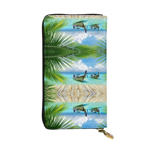 ESNAIUVCD Seaside Boat Coconut Leaves Print Genuine Leather Women's,Mens Wallets,Multi-Functionclutch Purse,Zip Around Large Travel ​Mobile Phone Long ​Money Purses, Schwarz , Einheitsgröße von ESNAIUVCD